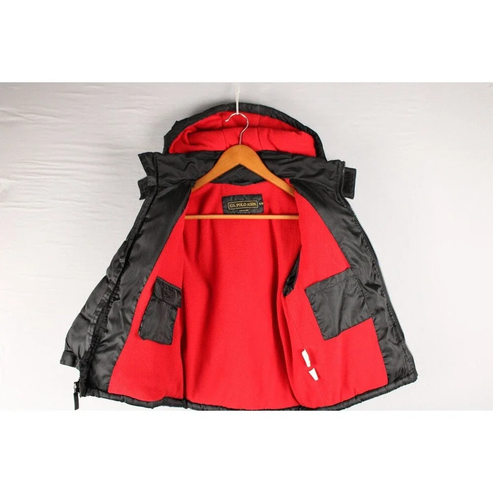U.S. Polo Assn Puffer Jacket Black Logo Sleeve Hood Zip Pockets Lined Size 5/6